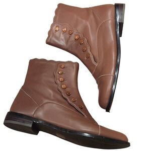 ANTHROPOLOGIE F-Troupe Women Brown Leather Button Ankle Boots ‎ Vintage Style 38